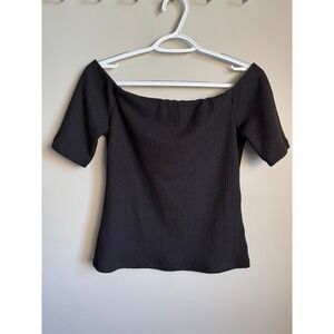 H&M Off Shoulder Ribbed Knit Top L Short Sleeve Black Minimalist Chic Coquette L